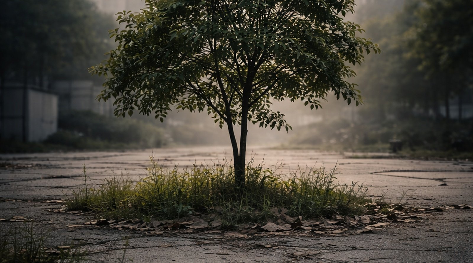 A lone green tree growing through cracked concrete with a muted city skyline in the background, symbolising humanity’s forgotten connection with nature.