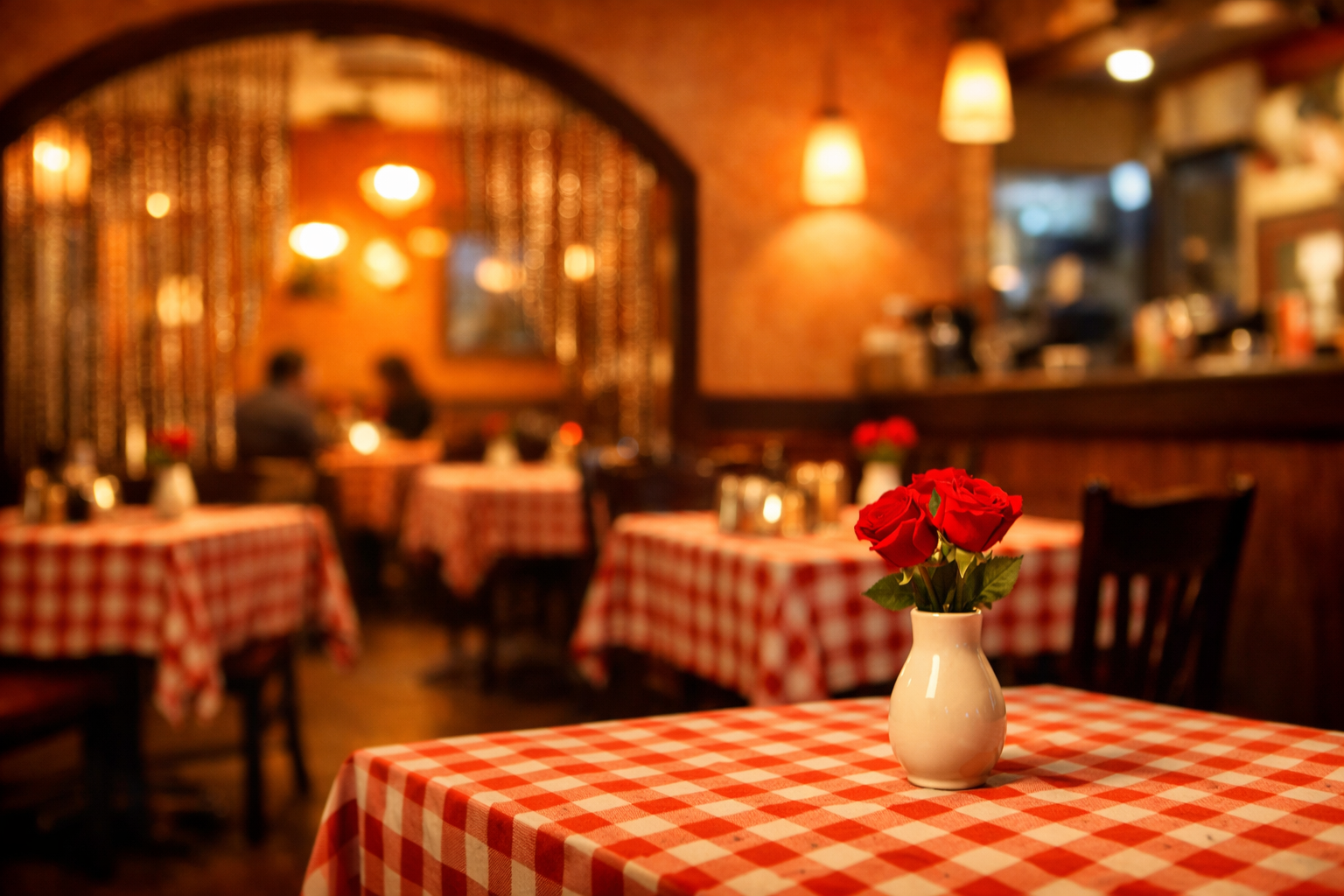 A cozy restaurant interior with red checkered tablecloths and a white vase holding red roses, creating a nostalgic and romantic atmosphere.