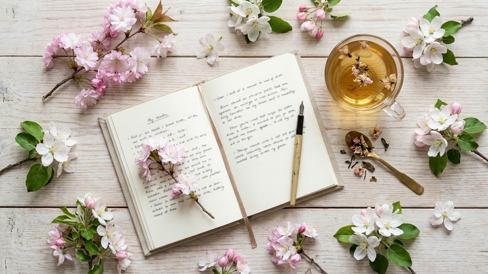 the journal, blossom, tea flat-lay.