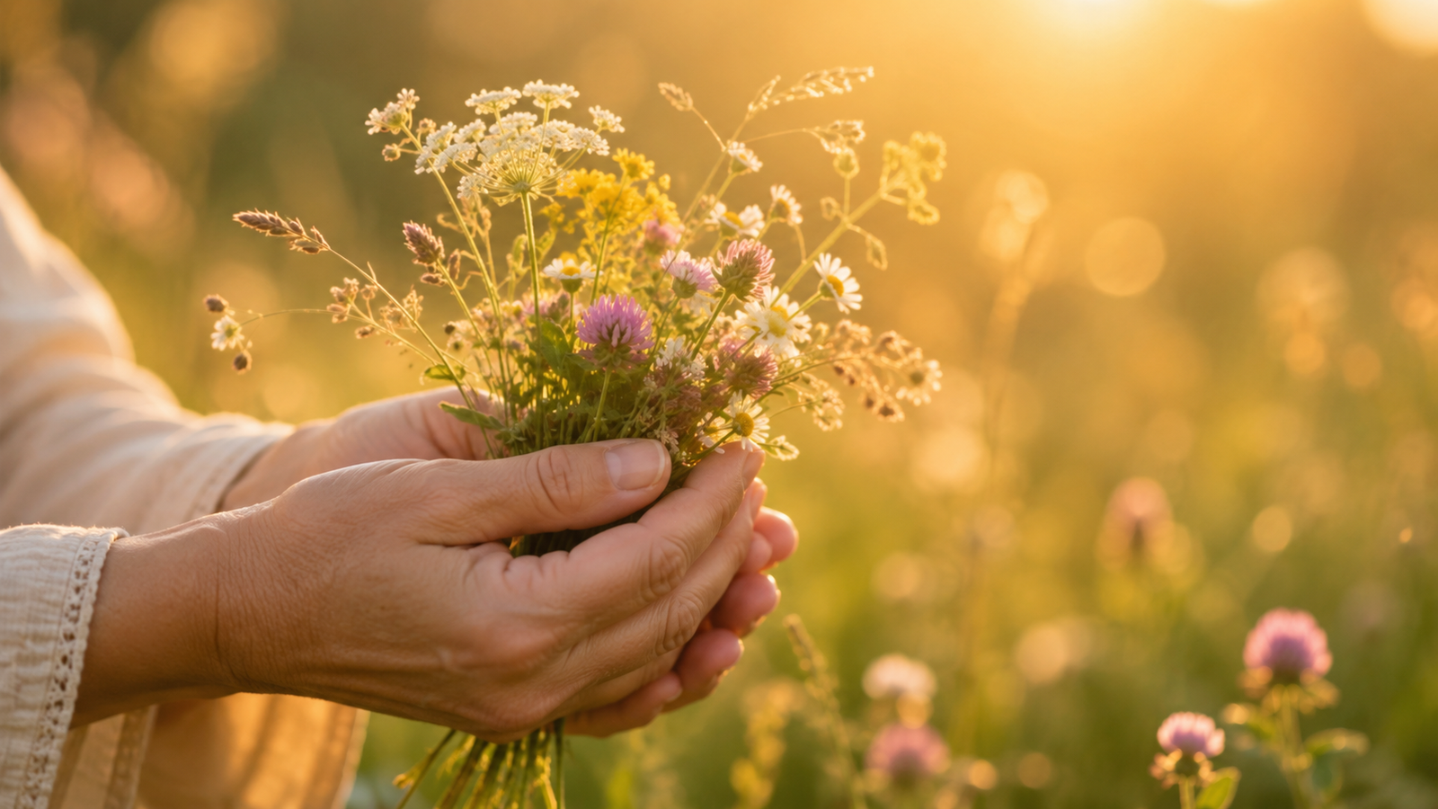 A warm bouquet of wildflowers held by gentle hands in golden sunlight — Wishing a Happy Mother's Day by Ink and Ideas Publication House