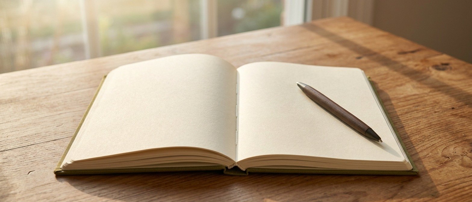 A softly lit open journal on a wooden desk, pen resting across the page, warm morning light