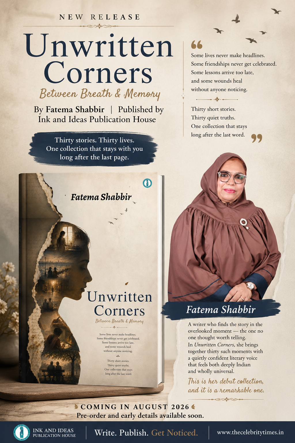Unwritten Corners Between Breath and Memory book cover by Fatema Shabbir, published by Ink and Ideas Publication House