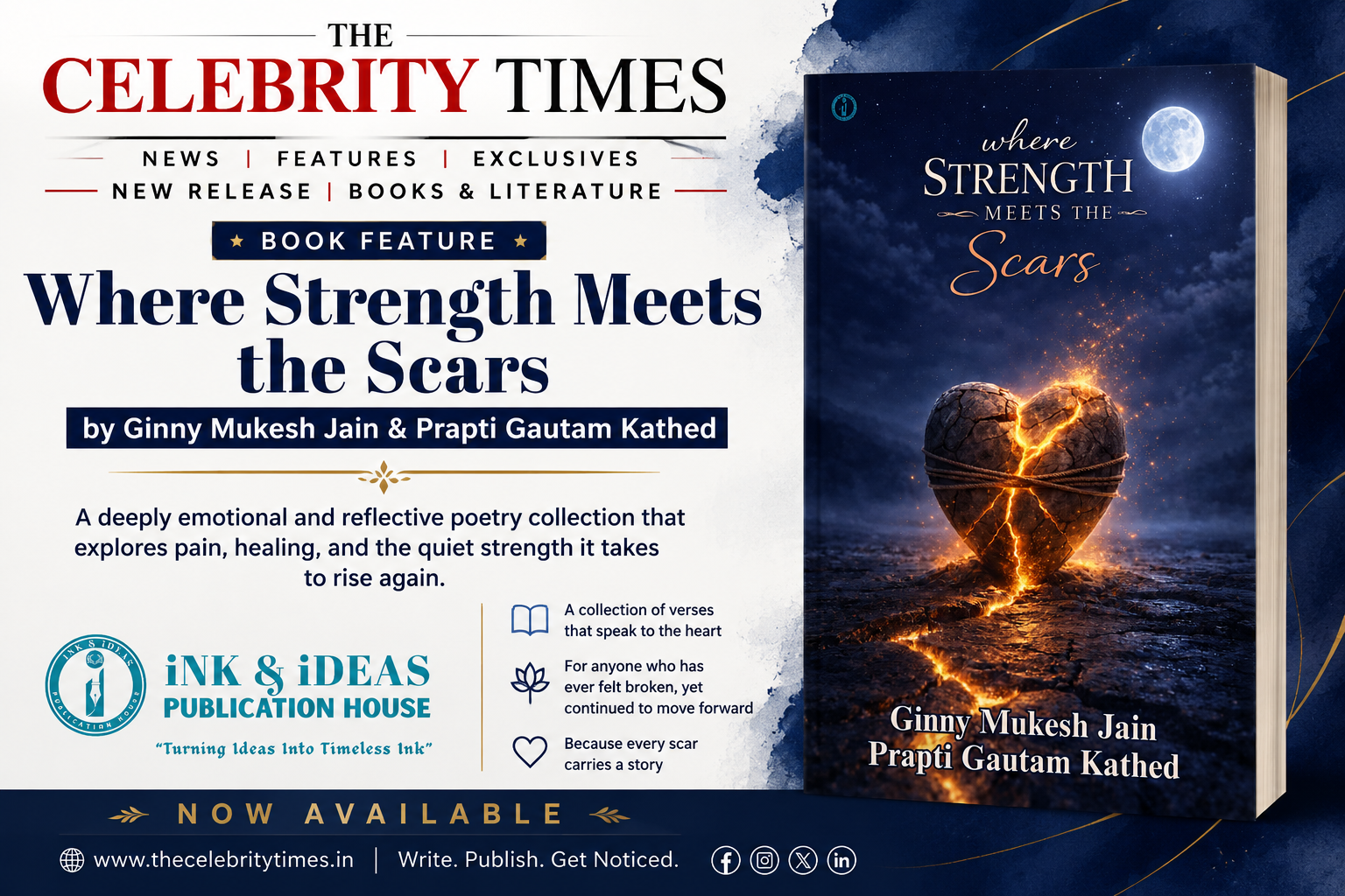 Where Strength Meets the Scars book cover by Ginny Mukesh Jain and Prapti Gautam Kathed, published by Ink and Ideas Publication House